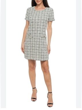 Isaac Mizrahi New York Bouclé Shift Tweed White Gray Mini Dress size Large